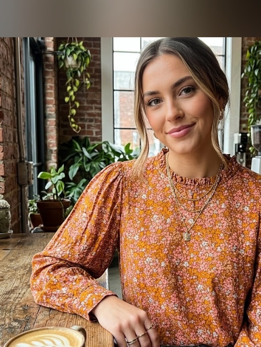 Universal Threads | Floral Ruffle-Neck Long Sleeve Top in Rust
